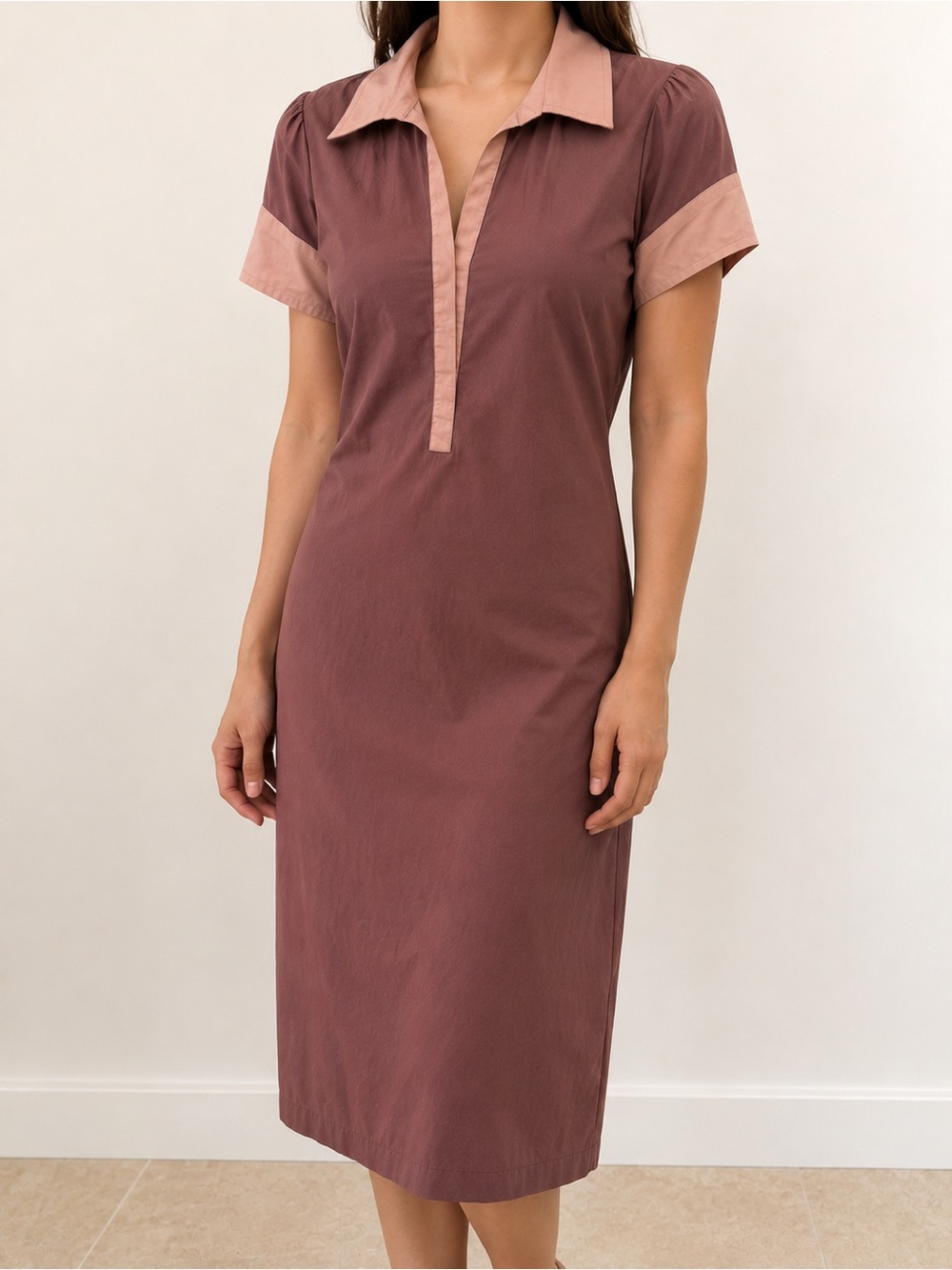 BCBG Two-Tone Mauve Midi Dress with Blush Trim